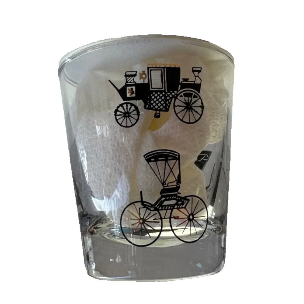 VTG MCM Libbey Bar Glasses Antique Cars Black & Gold Barware Low‎ Ball Set Of 4